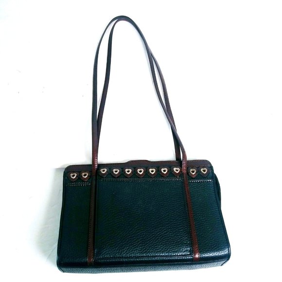 VTG! BRIGHTON Black/Brown Pebble Leather Shoulder Bag 10" Wide x 6.75" Tall - Picture 2 of 11